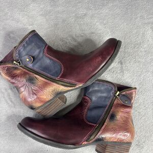 Erminia Boots Womens Size 6 Burgundy Navy Ankle Zip Embossed Floral Leather
